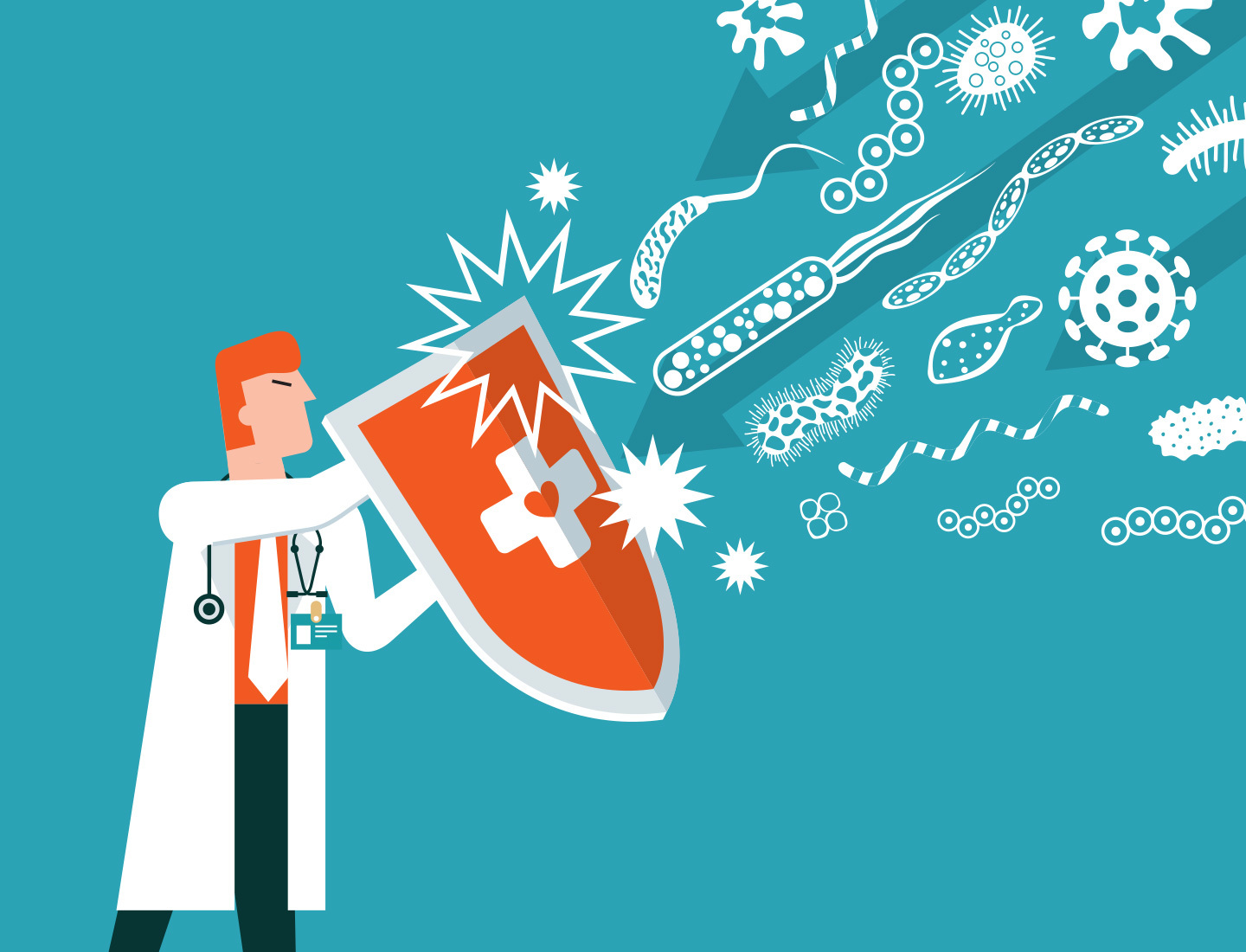 Digital illustration of a doctor holding a shield against cartoon pathogens.