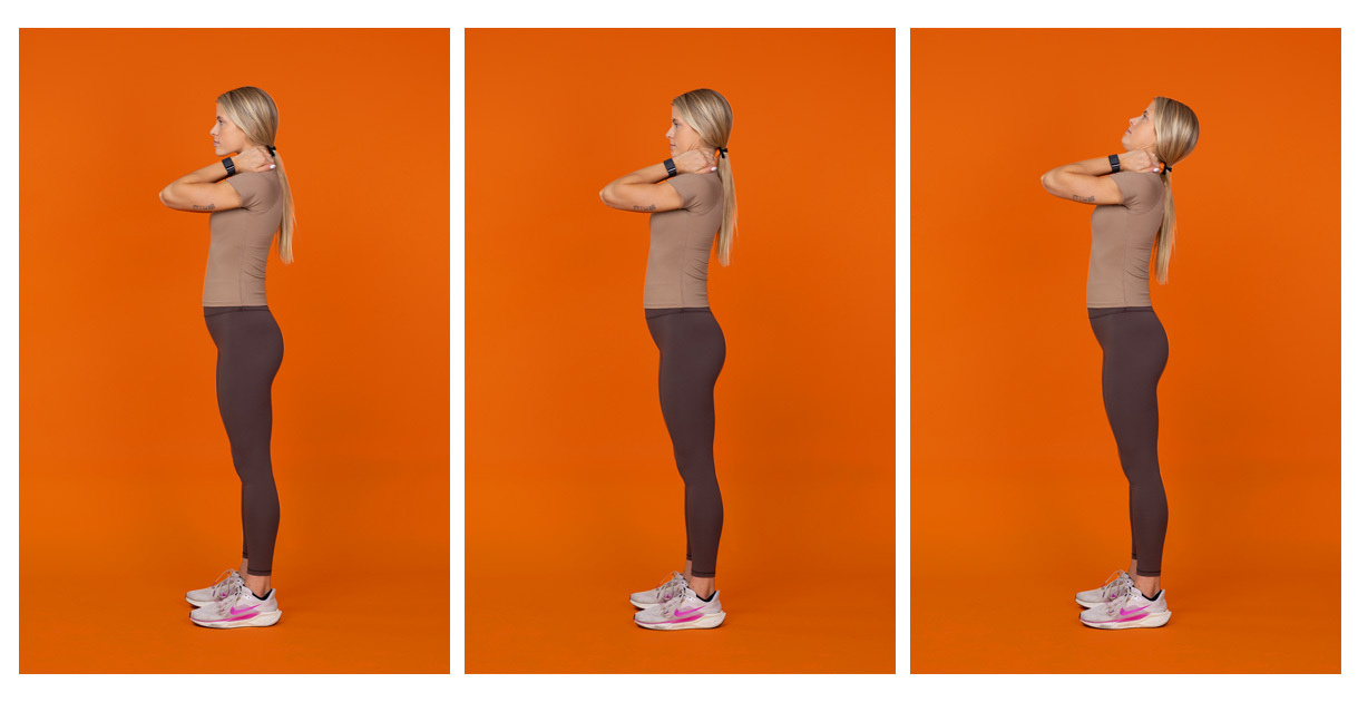A woman with long blonde hair in a ponytail is seen standing in three different photos against an orange background. She is wearing tan/brown exercise clothes. In the first photo, she has her hands clasped behind her neck. In the second, her hands are in the same place, but her neck is back a bit. In the third, her hands are in the same place again, but her head is titled back.