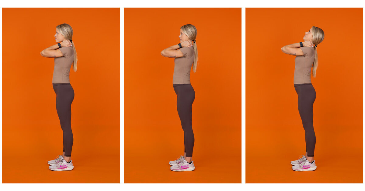 A woman with long blonde hair in a ponytail is seen standing in three different photos against an orange background. She is wearing tan/brown exercise clothes. In the first photo, she has her hands clasped behind her neck. In the second, her hands are in the same place, but her neck is back a bit. In the third, her hands are in the same place again, but her head is titled back.